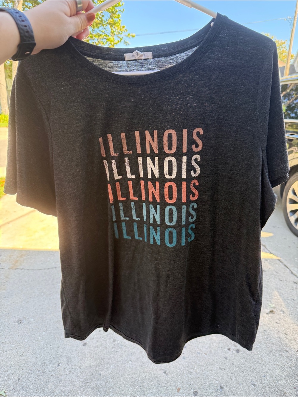 Maurices Black Short Sleeve Tee with Pink, White, Coral and Teal Illinois Print